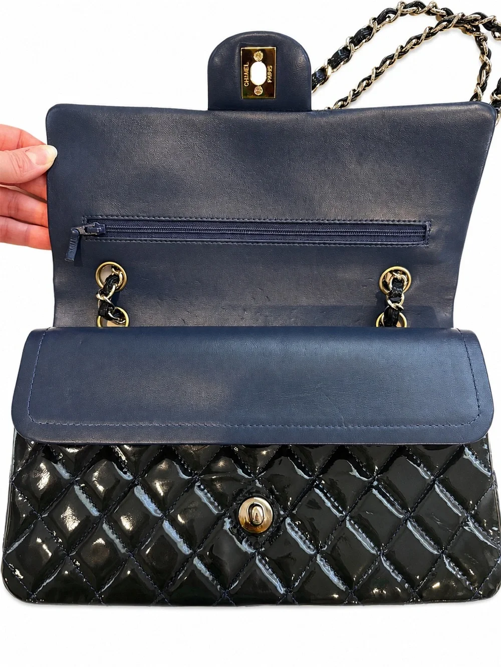 CHANEL Dark Green/Black Quilted Patent Leather Double Flap Bag with Chain Strap